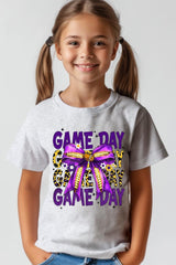 US3001Y-E3092Z Purple Yellow Football Game Day Bow Kids Tee $11