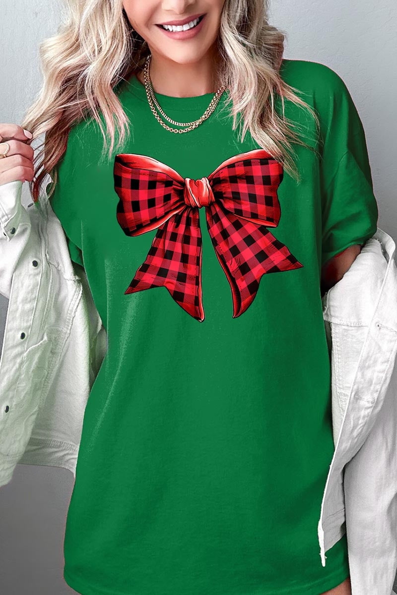 5000-E3198 Red Buffalo Plaid Bow Graphic Heavy Cotton Tee $9