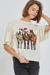 CTS-E3182 Christmas Horses Graphic Relaxed Crop Top $11
