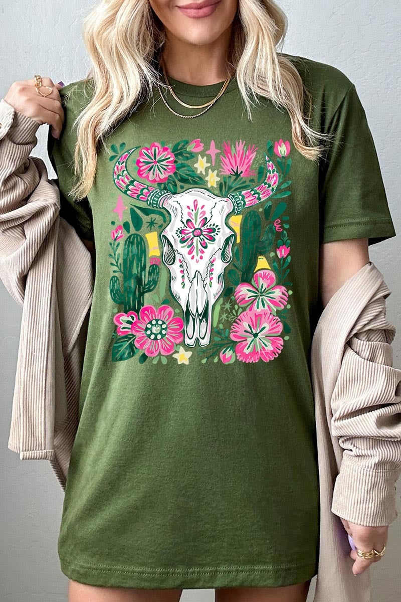 US3001-E3086 Western Floral Cow Skull Graphic Tee $12.5