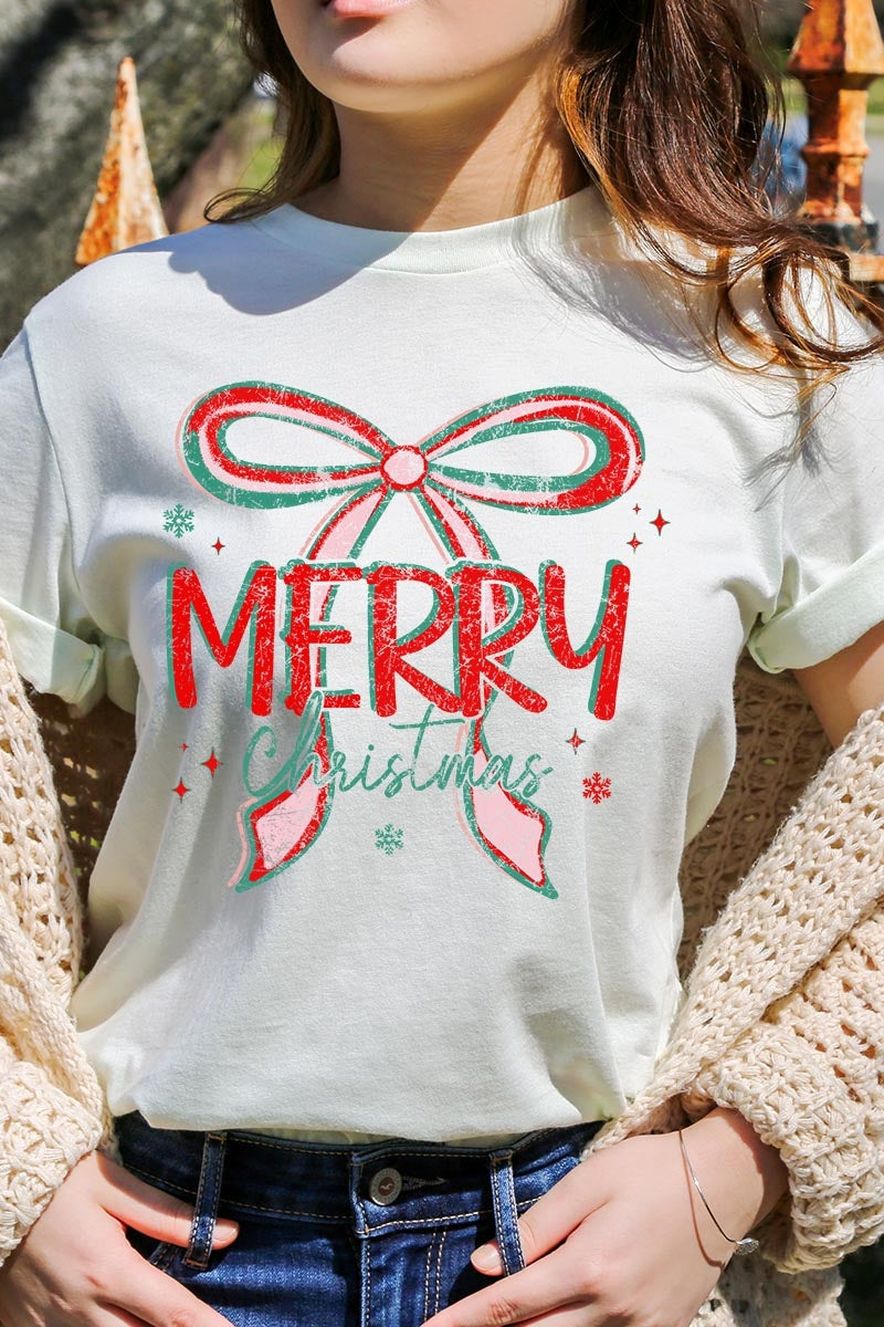 US3001P-E3197 Merry Christmas Bow Graphic Plus Tee $16
