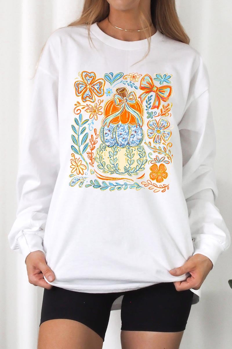 UL240-E3153 Floral Pumpkin Stack Graphic Long Sleeve Tee $13.75