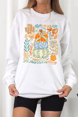 UL240-E3153 Floral Pumpkin Stack Graphic Long Sleeve Tee $13.75
