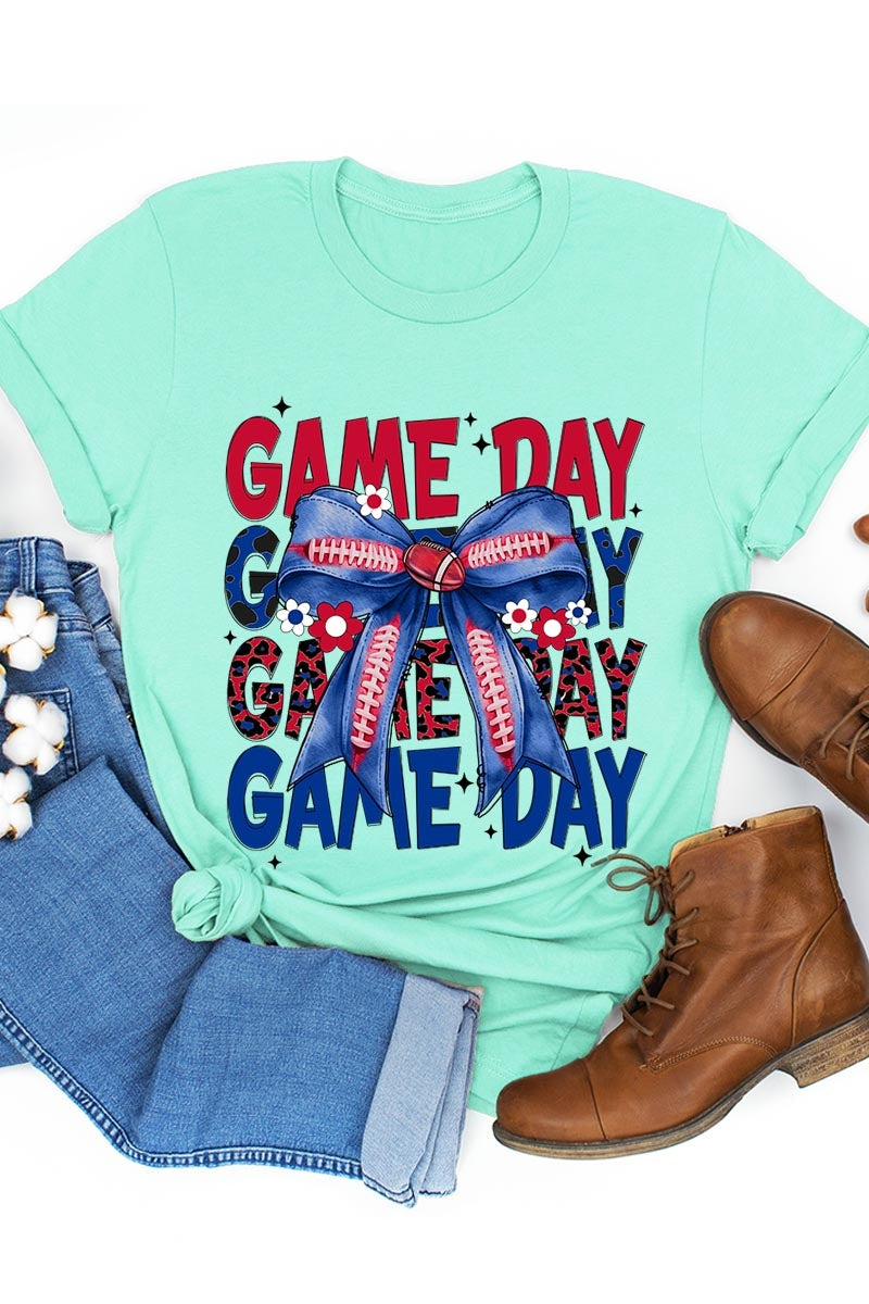 US3001-E3087 Red Blue Football Game Day Bow Graphic Tee $12.5