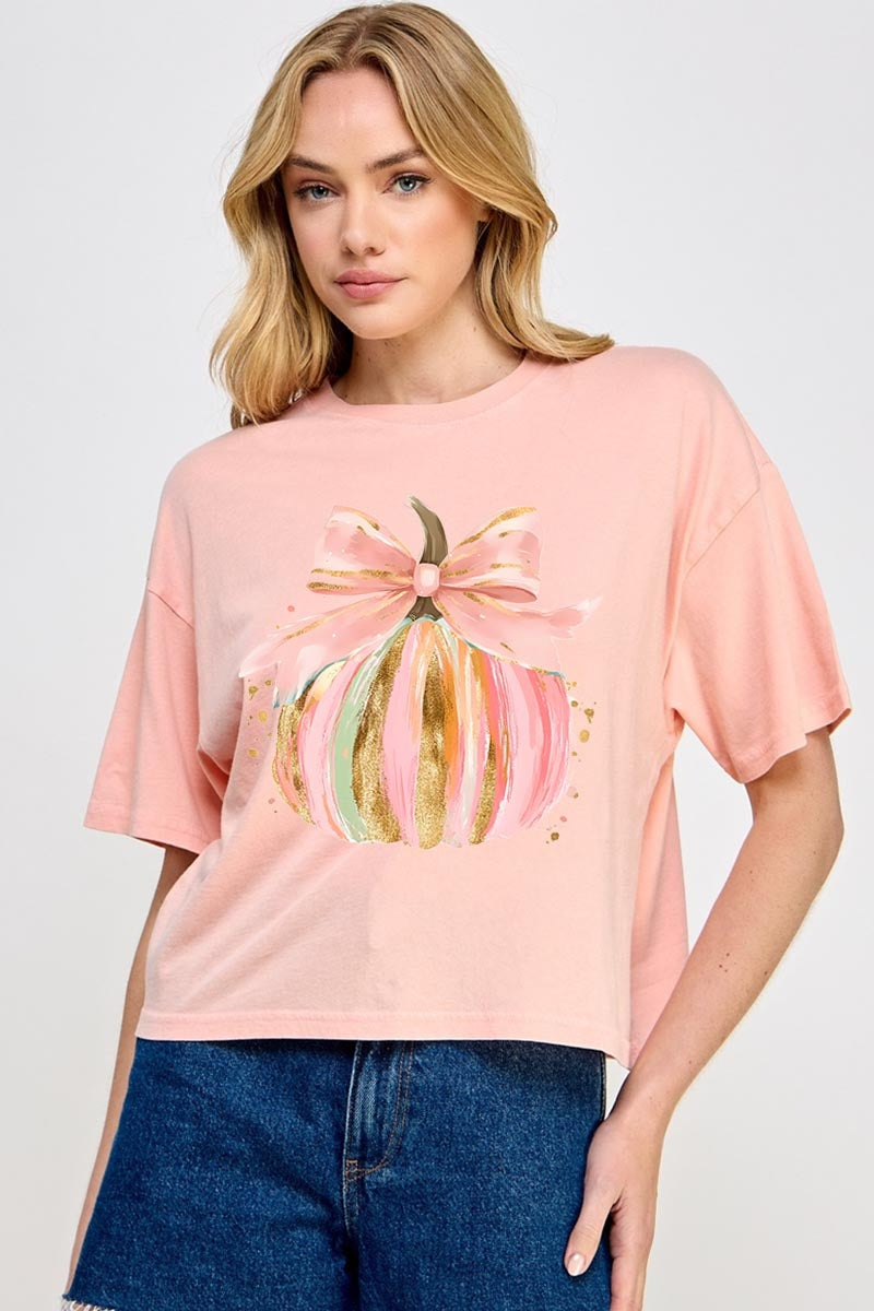 CTS-E3083 Brushstroke Pumpkin Graphic Relaxed Crop Top $11
