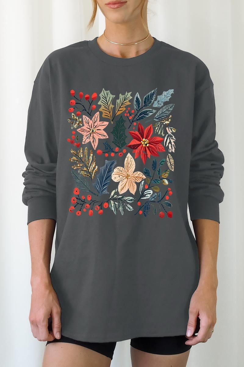 UL240P-E3186 Floral Christmas Graphic Plus Long Sleeve Tee $17
