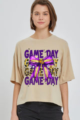 CTS-E3092 Purple Football Game Day Bow Relaxed Crop Top $11
