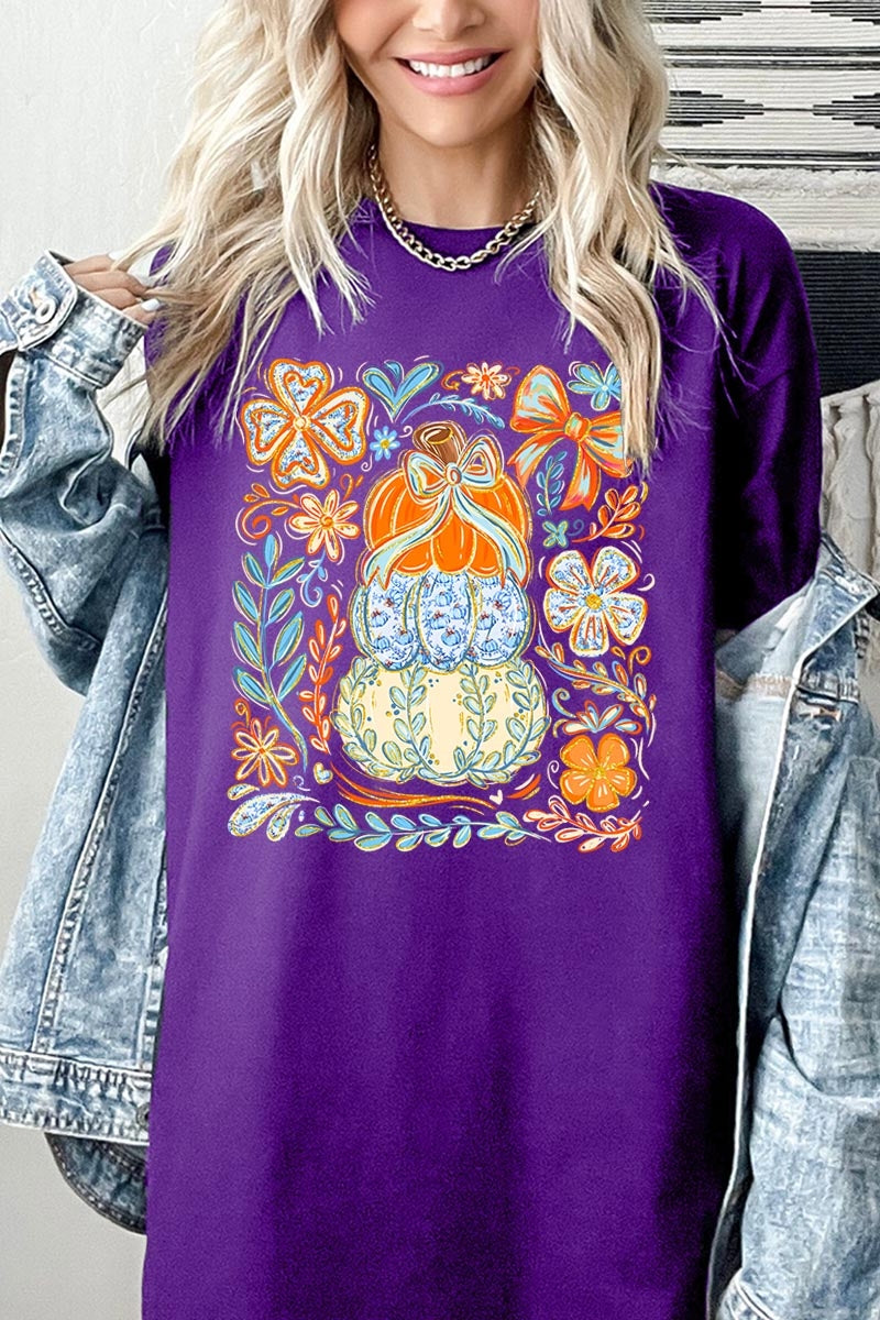 5000-E3153 Floral Pumpkin Stack Graphic Heavy Cotton Tee $9