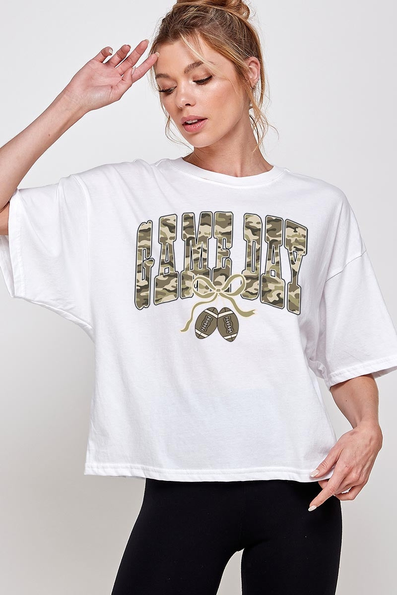 CTS-E3131 Football Game Day Camo Graphic Relaxed Crop Top $11