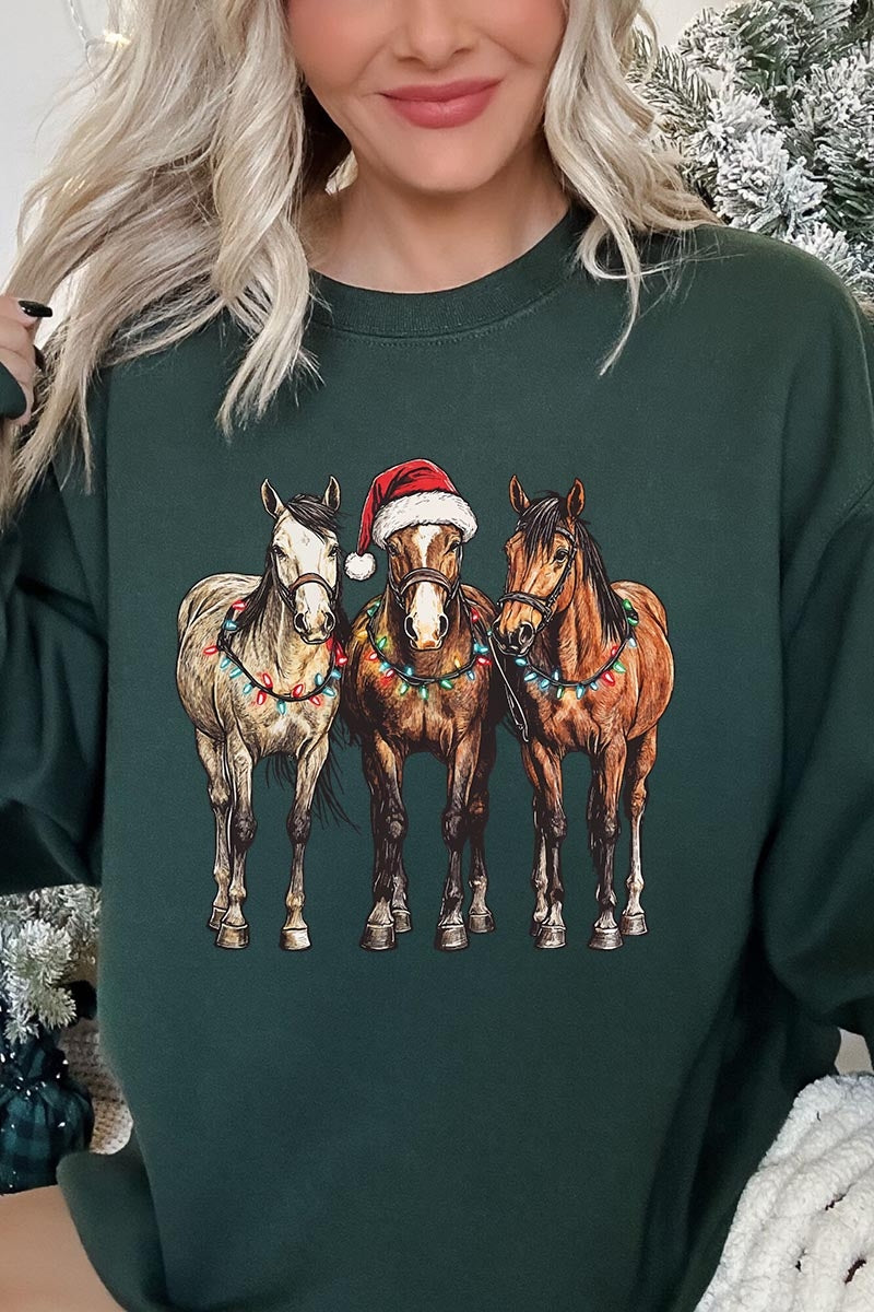 UL180-E3182 Christmas Horses Graphic Sweatshirt $20