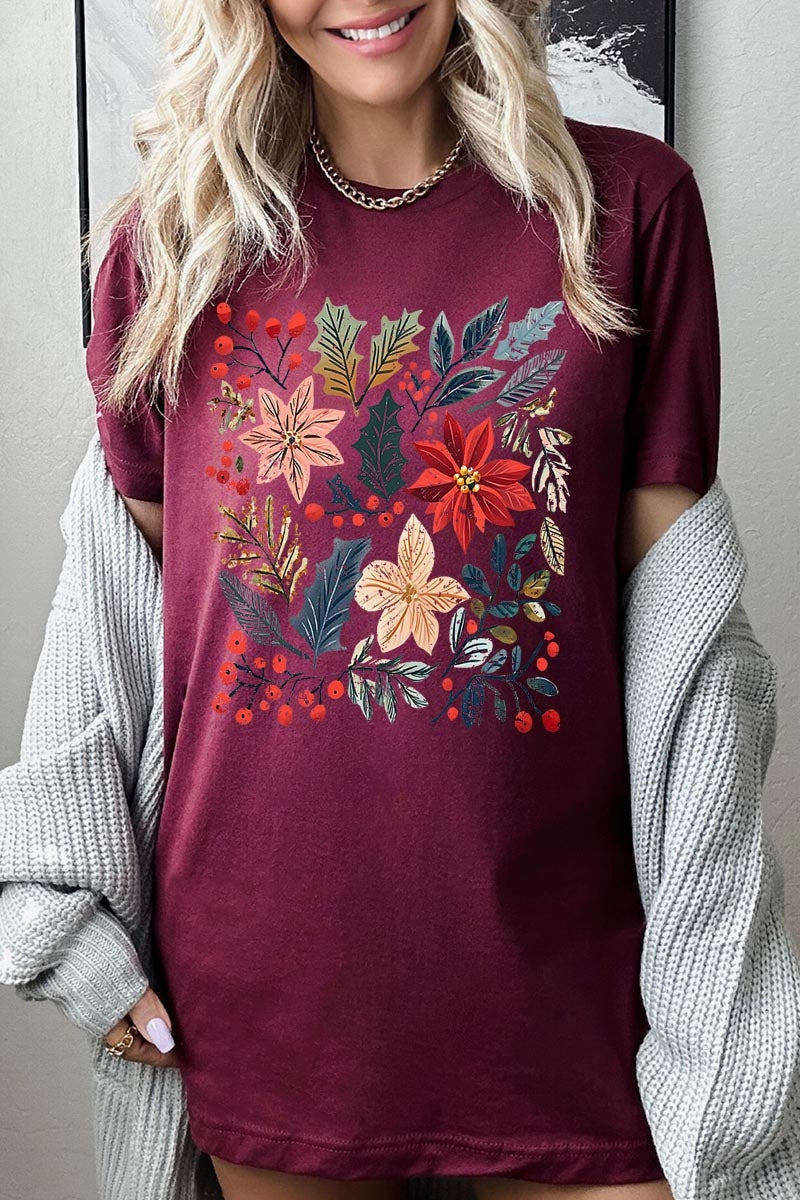 US3001-E3186 Floral Christmas Graphic Tee $12.5