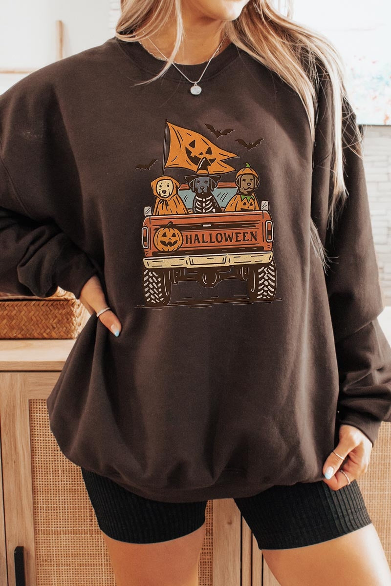 UL180P-E3150 Halloween Truck Dogs Graphic Plus Sweatshirt $25