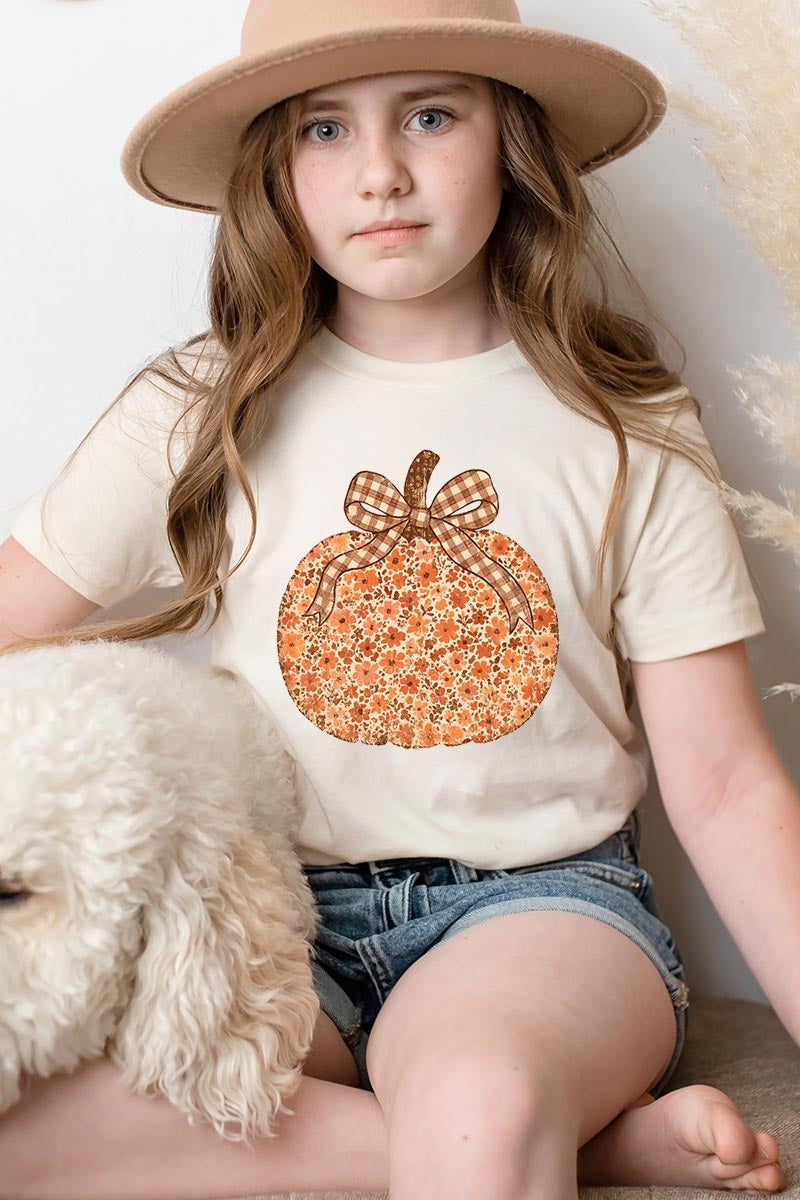 US3001Y-E3135Z Floral Fall Pumpkin Kids Graphic Tee $11