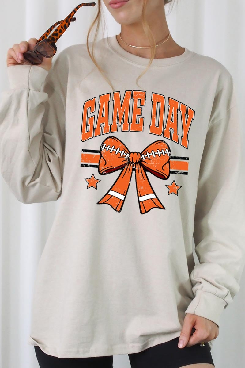 UL240P-E3064 Orange Game Day Football Bow Plus Long Sleeve Tee $17