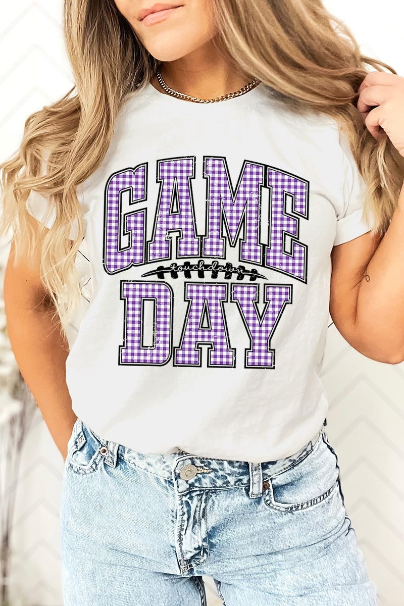 US3001P-E3127 Purple Gingham Game Day Graphic Plus Tee $16