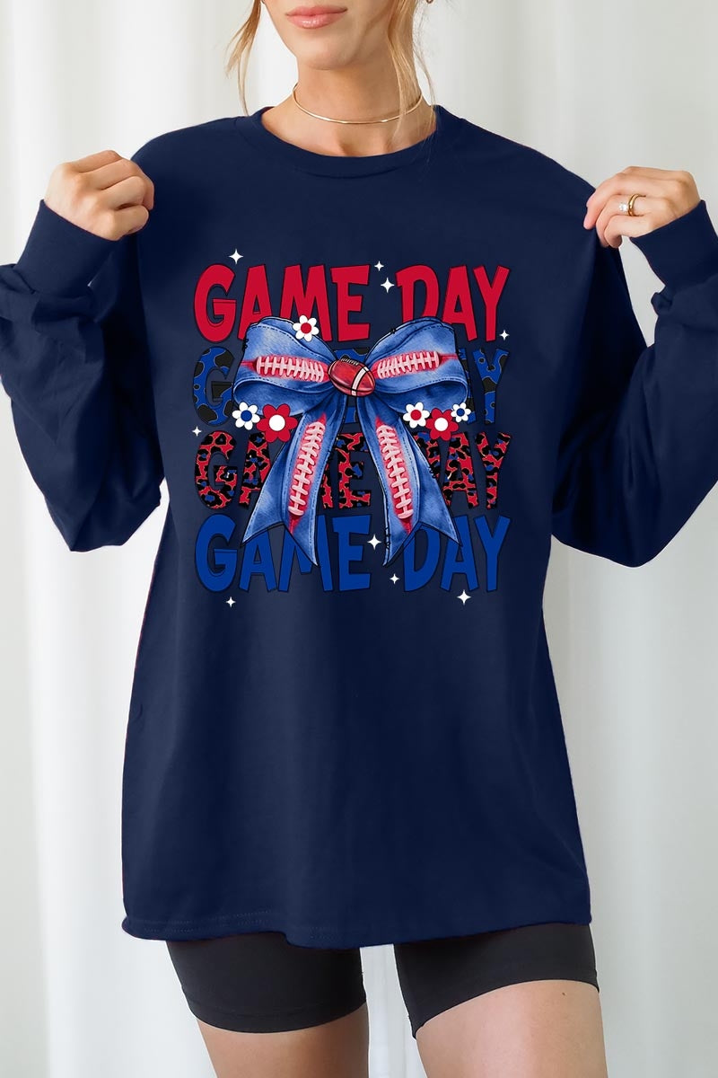UL240-E3087 Red Blue Football Game Day Bow Long Sleeve Tee $13.75