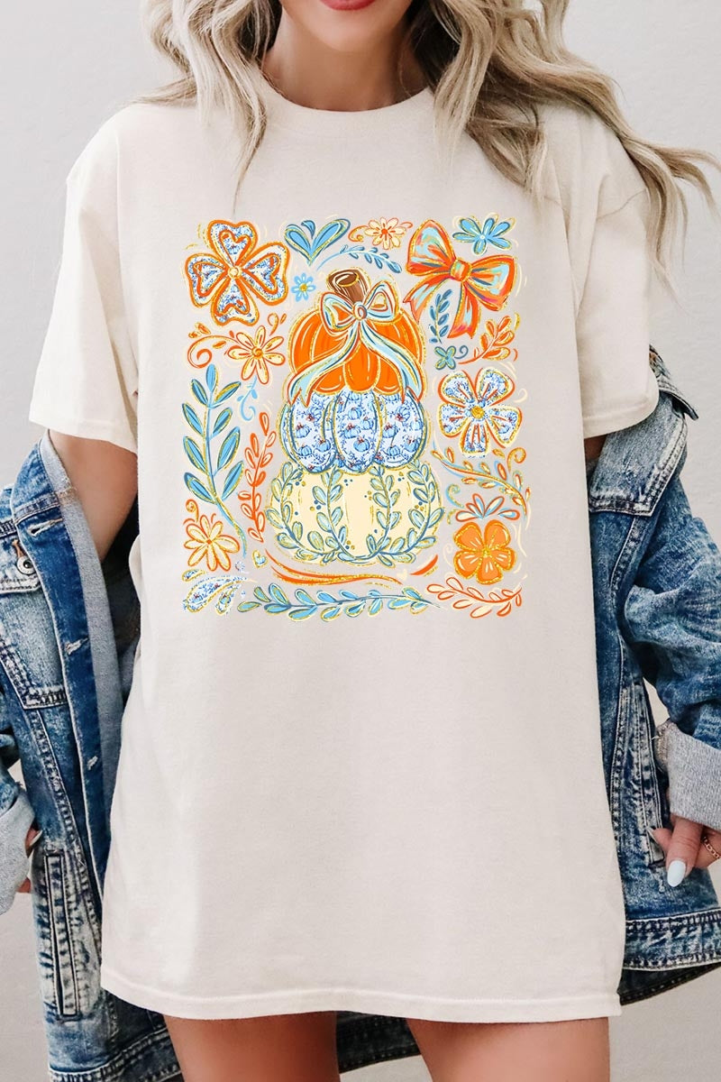 5000P-E3153 Floral Pumpkin Stack Graphic Plus Heavy Cotton Tee $12.75