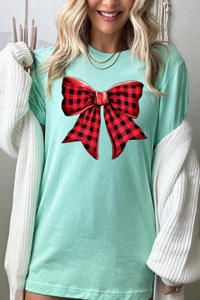 US3001-E3198 Red Buffalo Plaid Bow Graphic Tee $12.5