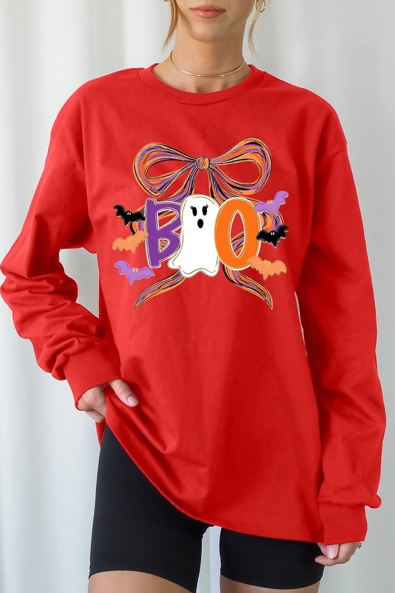 UL240-E3120 Boo Brushstroke Bow Graphic Long Sleeve Tee $13.75