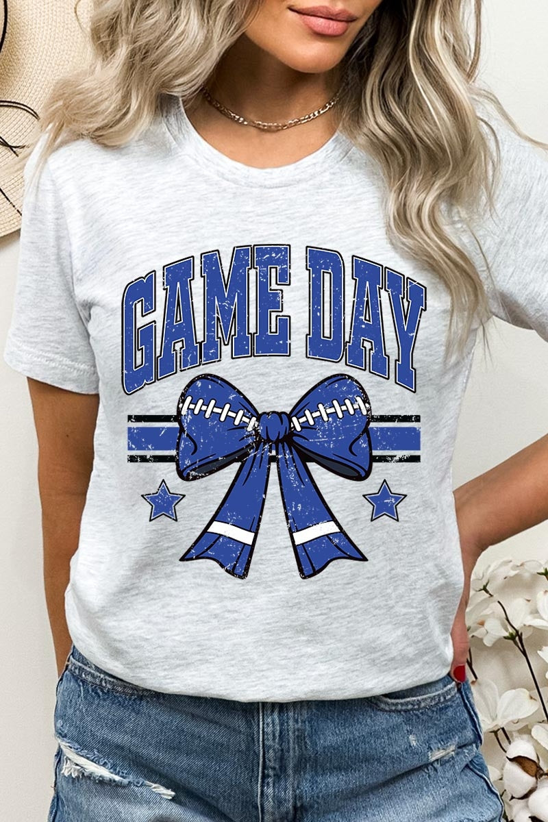 US3001-E3065 Blue Game Day Football Bow Graphic Tee $12.5