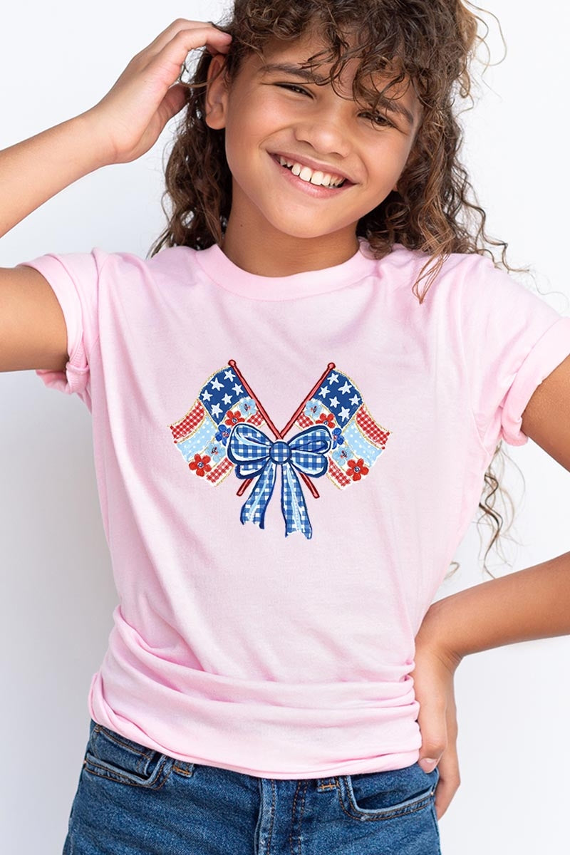 US3001Y-E3482Z Patriotic Bow Flags Kids Graphic Tee $11
