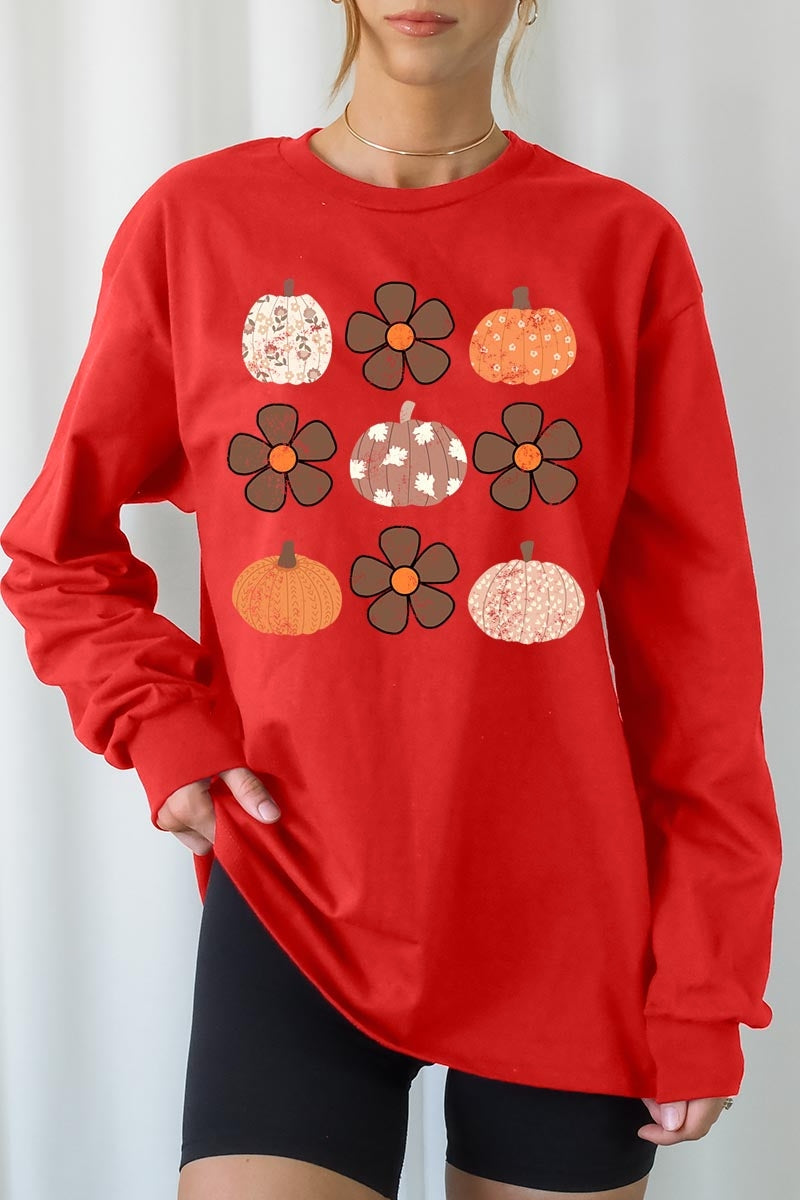 UL240P-E3117 Pumpkins & Flowers Fall Plus Long Sleeve Tee $17