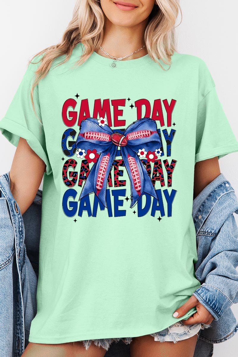5000-E3087 Red Blue Football Game Day Bow Heavy Cotton Tee $9