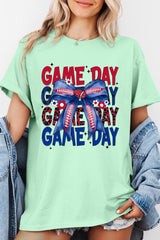 5000-E3087 Red Blue Football Game Day Bow Heavy Cotton Tee $9