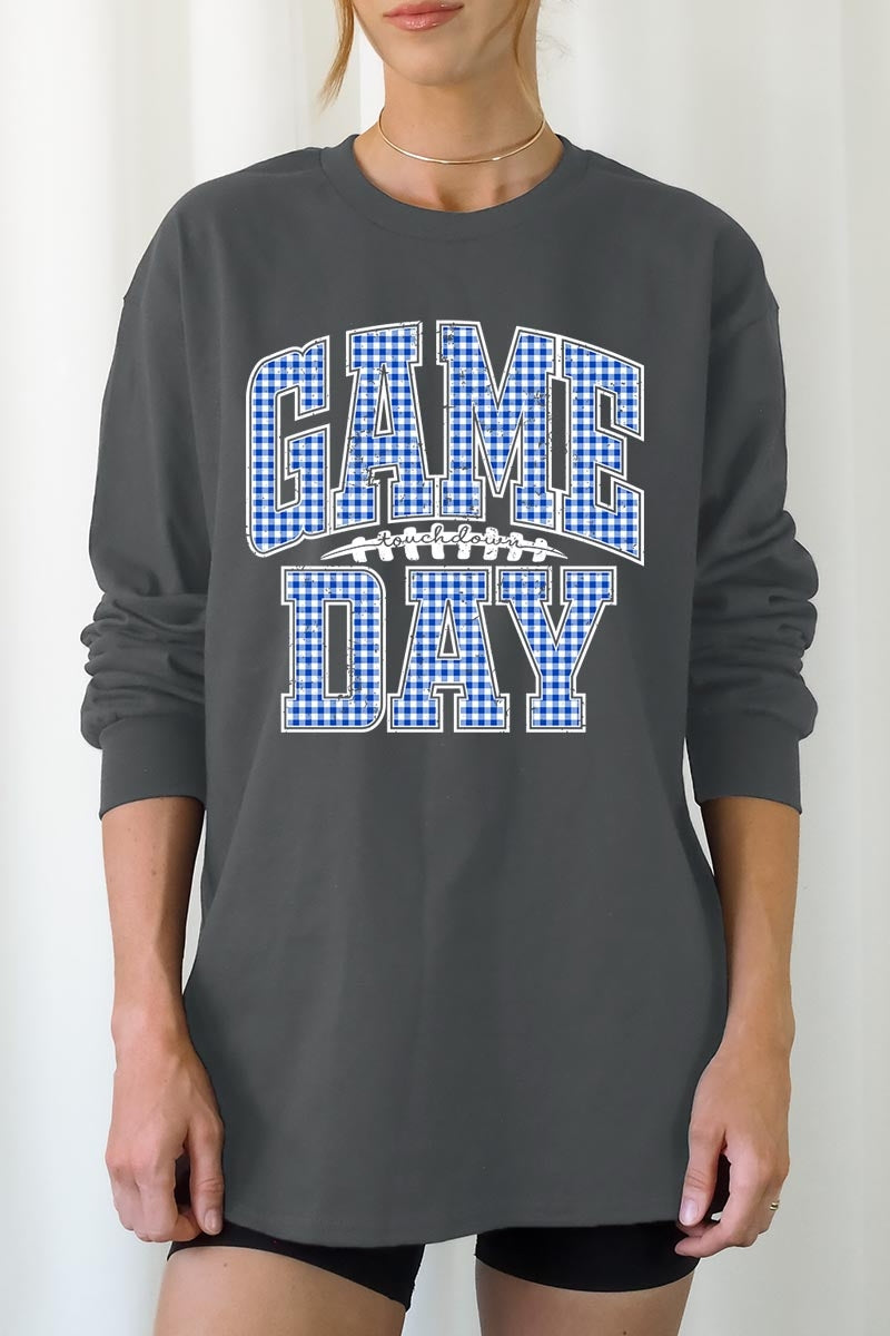 UL240P-E3130 Blue Gingham Game Day Graphic Plus Long Sleeve Tee $17