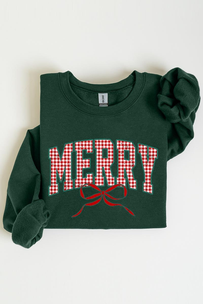 UL180-E3206 Plaid Merry Christmas Bow Graphic Sweatshirt $20