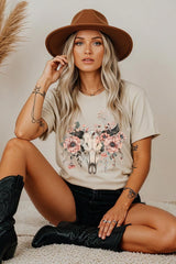 5000-E3113 Western Skull Floral Graphic Heavy Cotton Tee $9