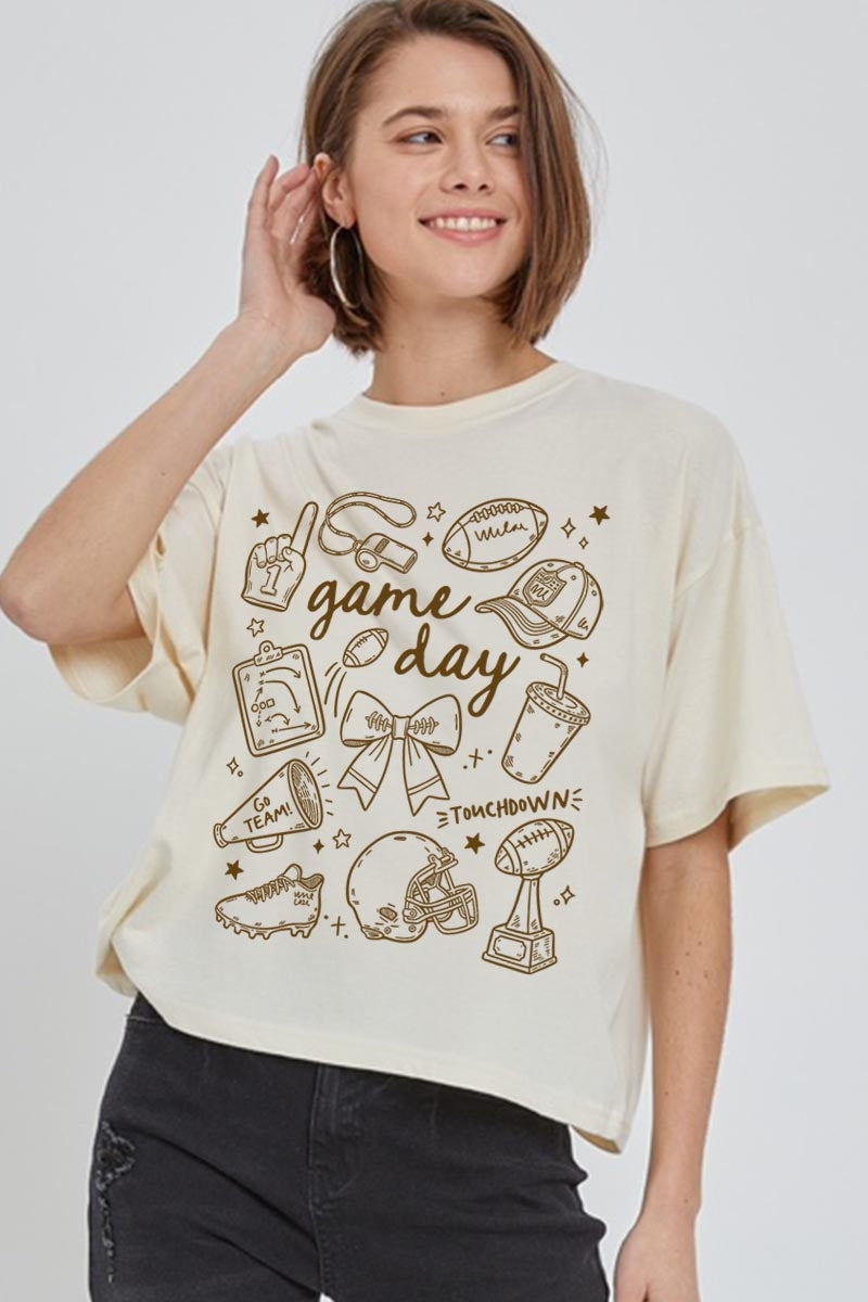 CTS-E3081 Football Doodles Graphic Relaxed Crop Top $11