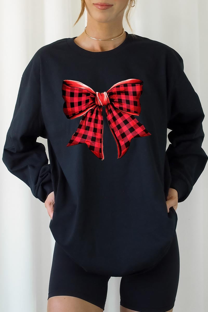 UL240-E3198 Red Buffalo Plaid Bow Graphic Long Sleeve Tee $13.75