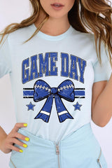 US3001-E3065 Blue Game Day Football Bow Graphic Tee $12.5