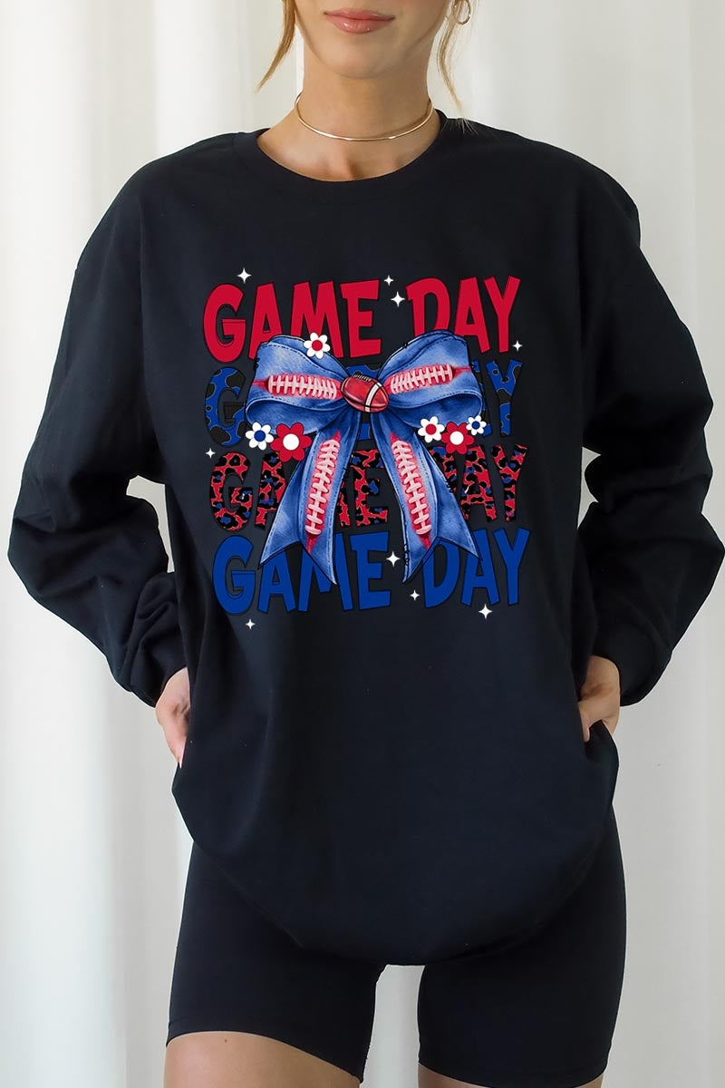 UL240-E3087 Red Blue Football Game Day Bow Long Sleeve Tee $13.75