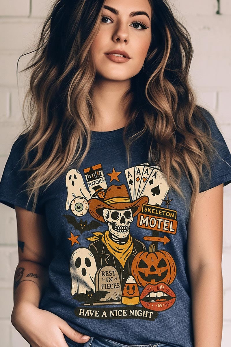 US3001-E3107 Spooky Western Skeleton Graphic Tee $12.5