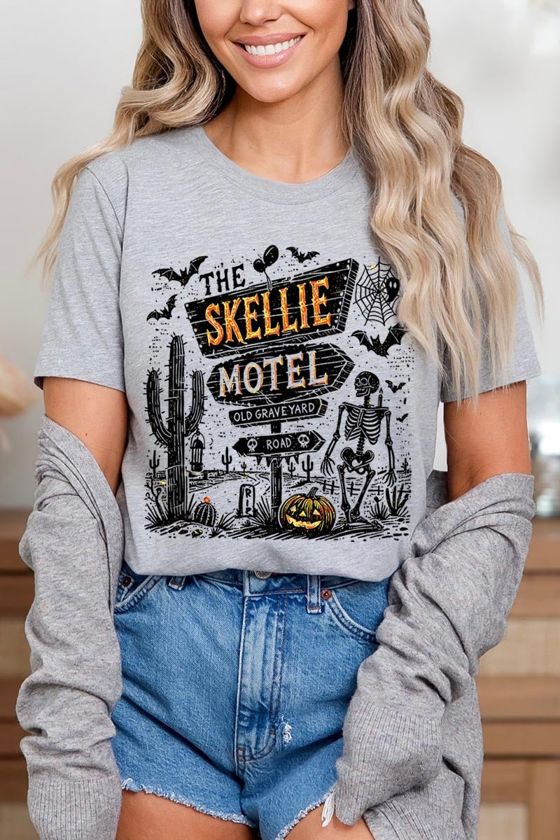 US3001-E3108 Skellie Motel Halloween Graphic Tee $12.5