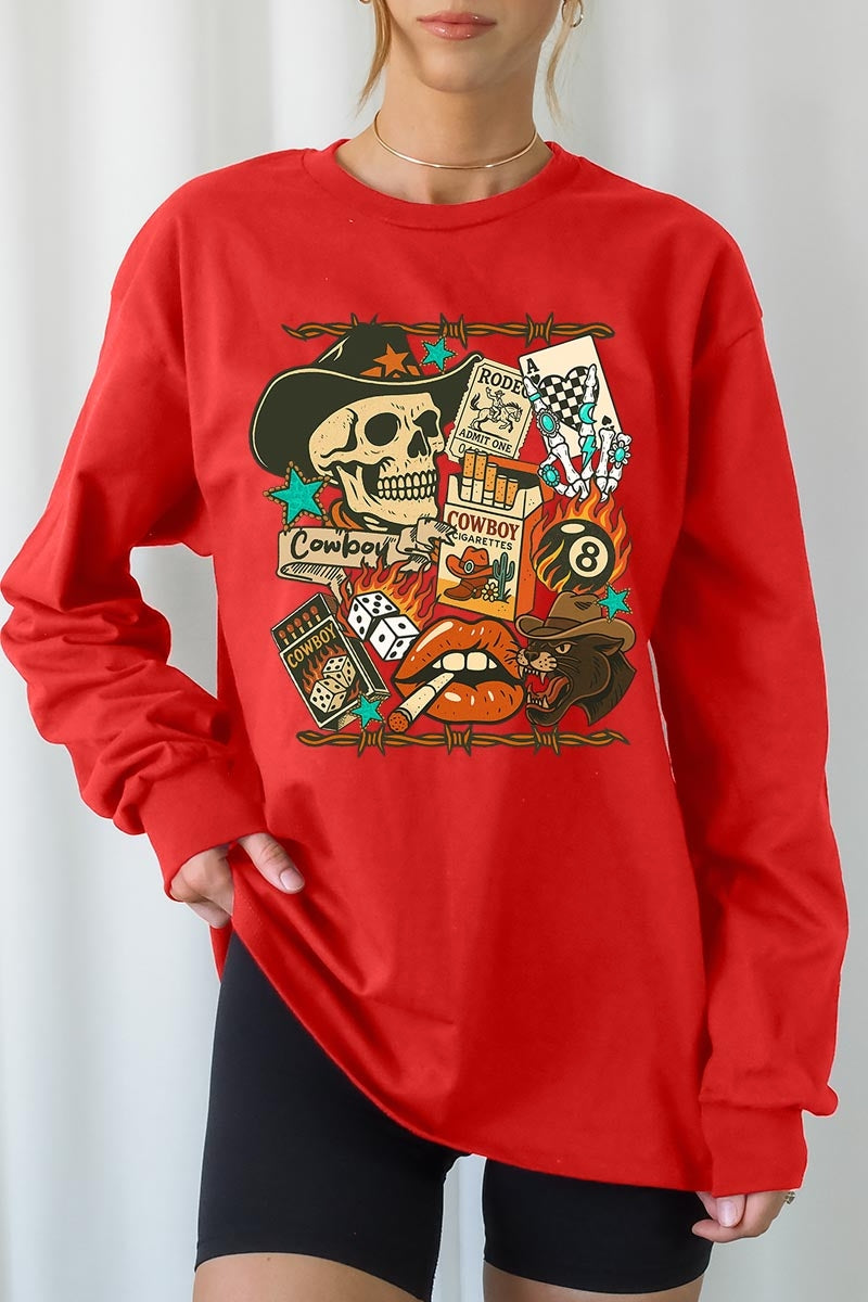 UL240-E3096 Vintage Western Collage Graphic Long Sleeve Tee $13.75