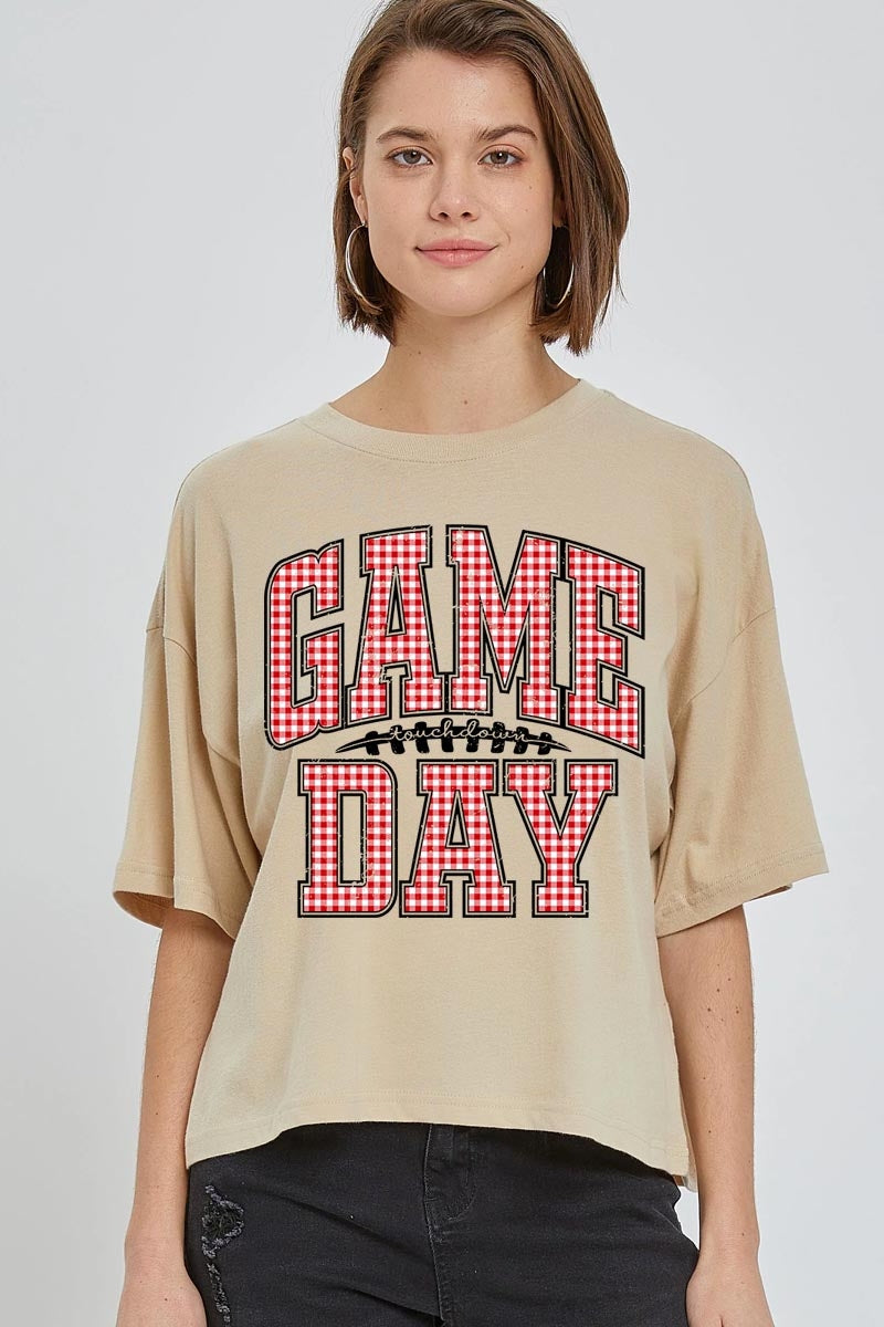 CTS-E3126 Red Gingham Game Day Graphic Relaxed Crop Top $11