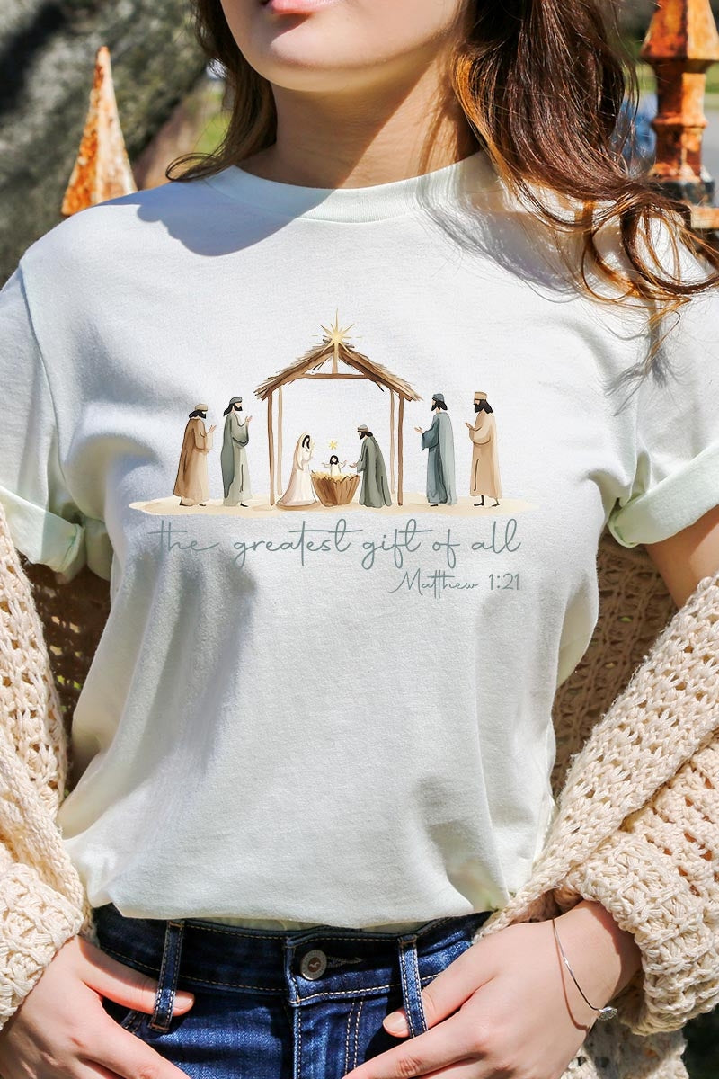 US3001P-E3183 Nativity Gift Graphic Plus Tee $16