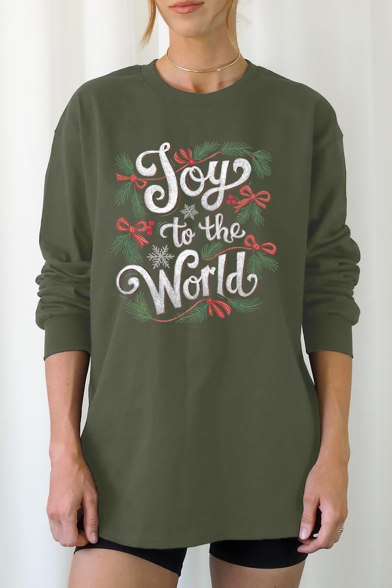 UL240-E3221 Joy to the World Christmas Graphic Long Sleeve Tee $13.75