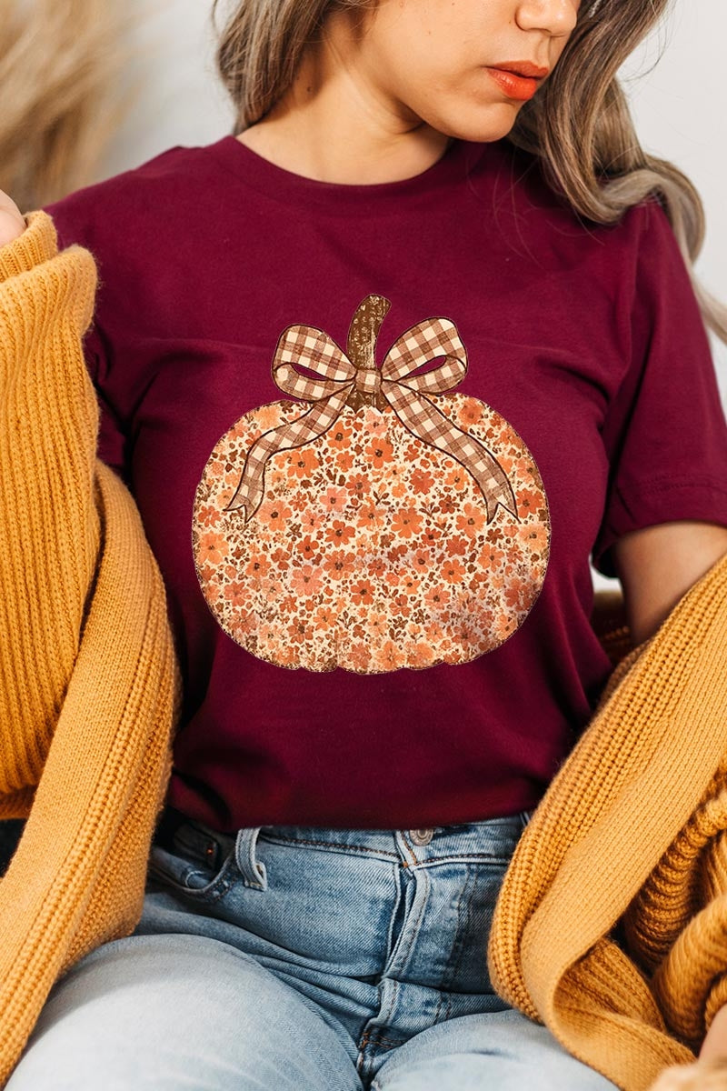 US3001P-E3135 Floral Fall Pumpkin Graphic Plus Tee $16