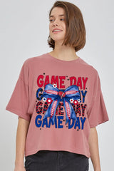 CTS-E3087 Red Blue Football Game Day Bow Relaxed Crop Top $11