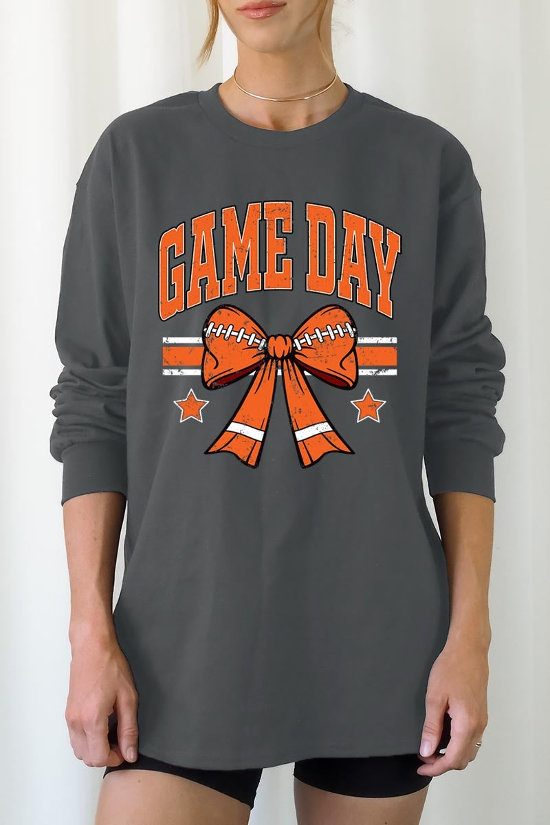 UL240P-E3064 Orange Game Day Football Bow Plus Long Sleeve Tee $17