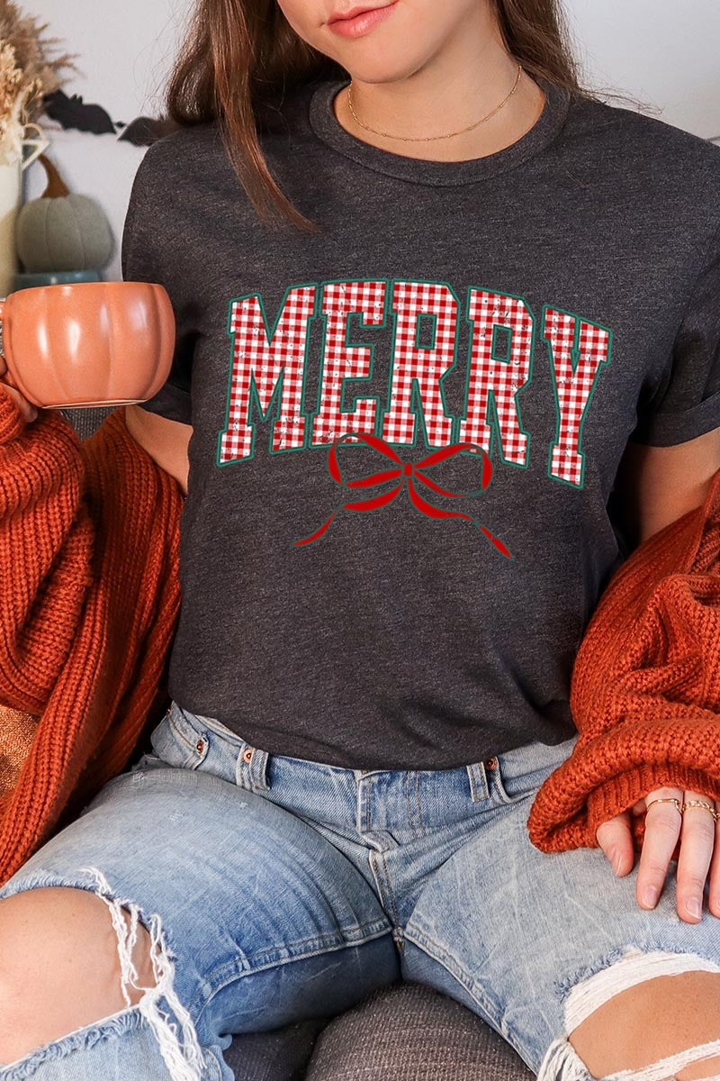 US3001-E3206 Plaid Merry Christmas Bow Graphic Tee $12.5
