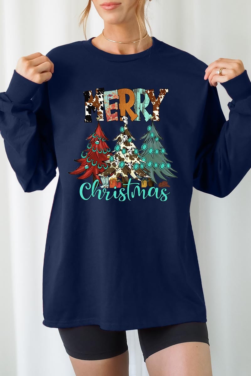 UL240P-E3200 Merry Christmas Trees Graphic Plus Long Sleeve Tee $17