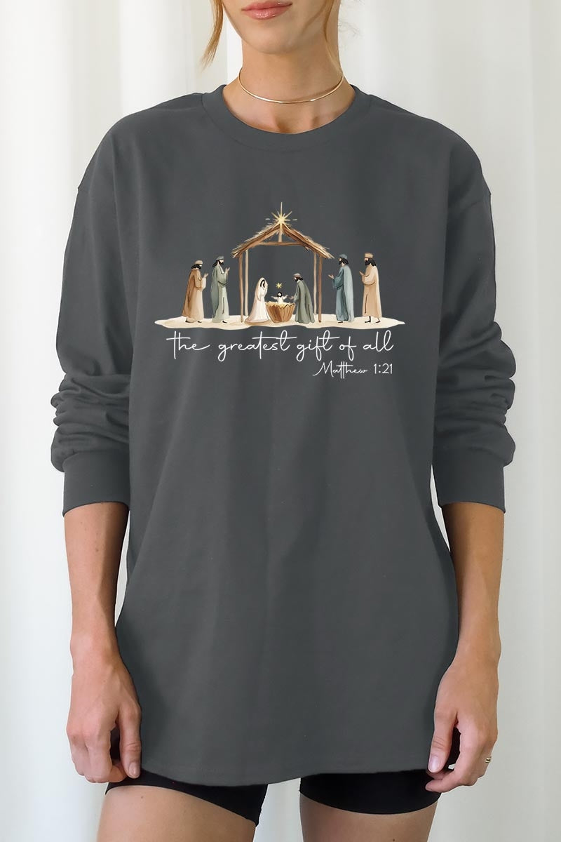 UL240-E3183 Nativity Gift Graphic Long Sleeve Tee $13.75