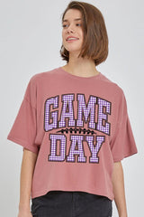 CTS-E3127 Purple Gingham Game Day Graphic Relaxed Crop Top $11