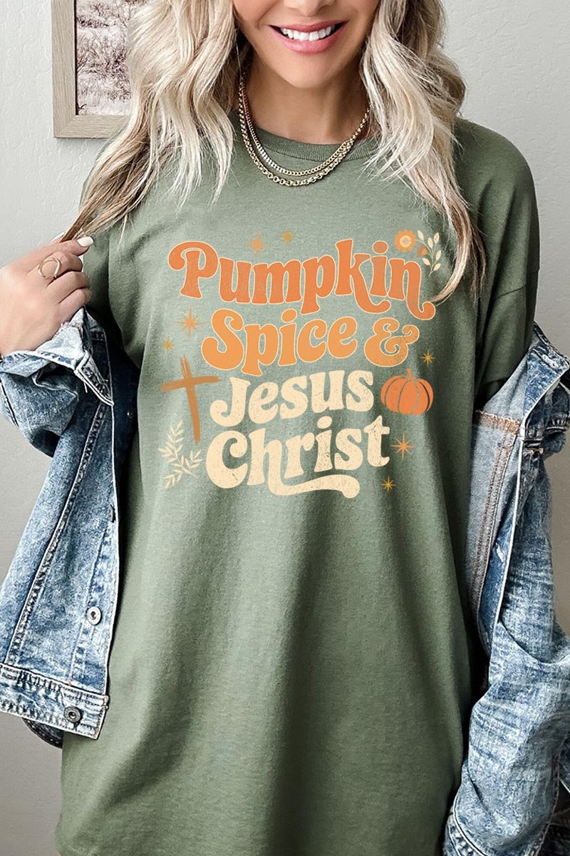 5000-E3164 Pumpkin Spice & Jesus Graphic Heavy Cotton Tee $9