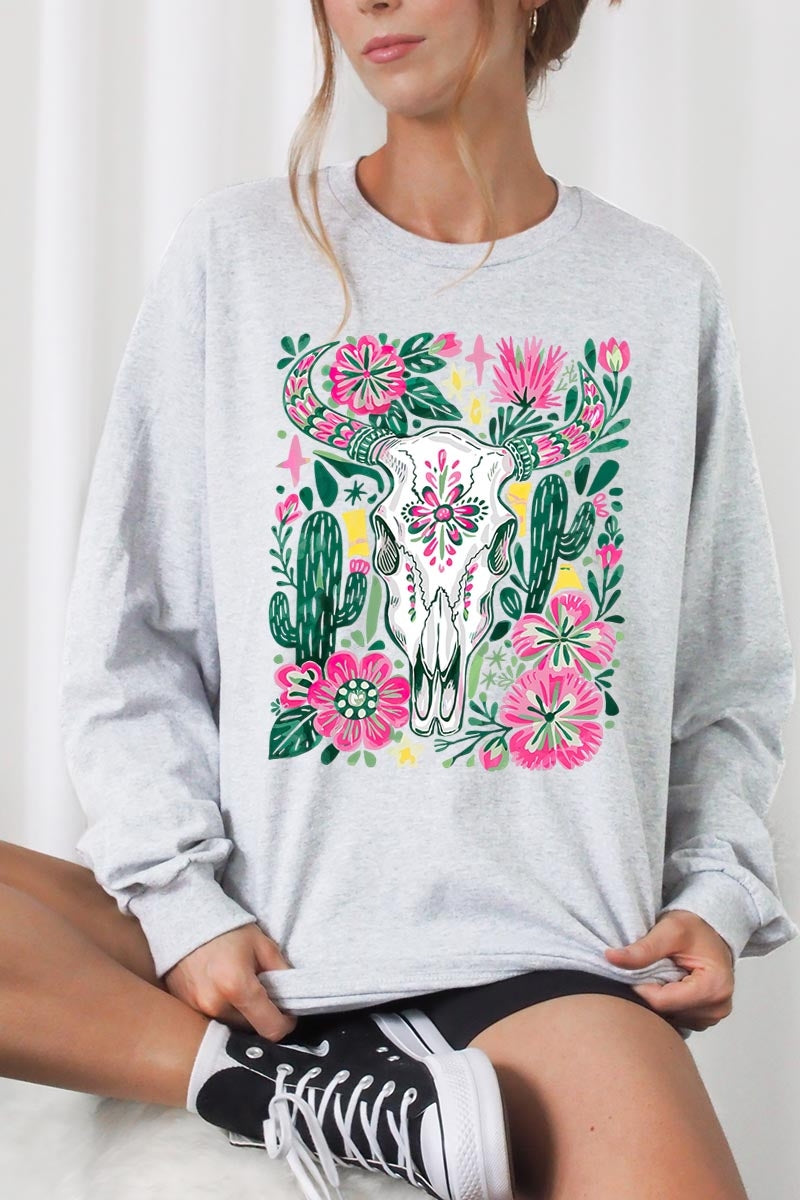 UL240P-E3086 Western Floral Cow Skull Graphic Plus Long Sleeve Tee $17